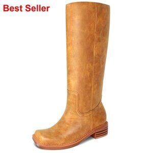 Knee High Boots Square Toe Chunky Heel Faux Leather Pull-On Women's Shoes